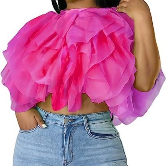 Translucent Ruffled Cropped Blouse Passion of Essence | Tops | Ruffle Chiffon Tulle Crop Top Blouse ...